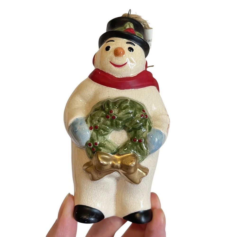 Lenox Porcelain Snowman Christmas Tree Ornament Wreath Holly Top Hat Gold Bow