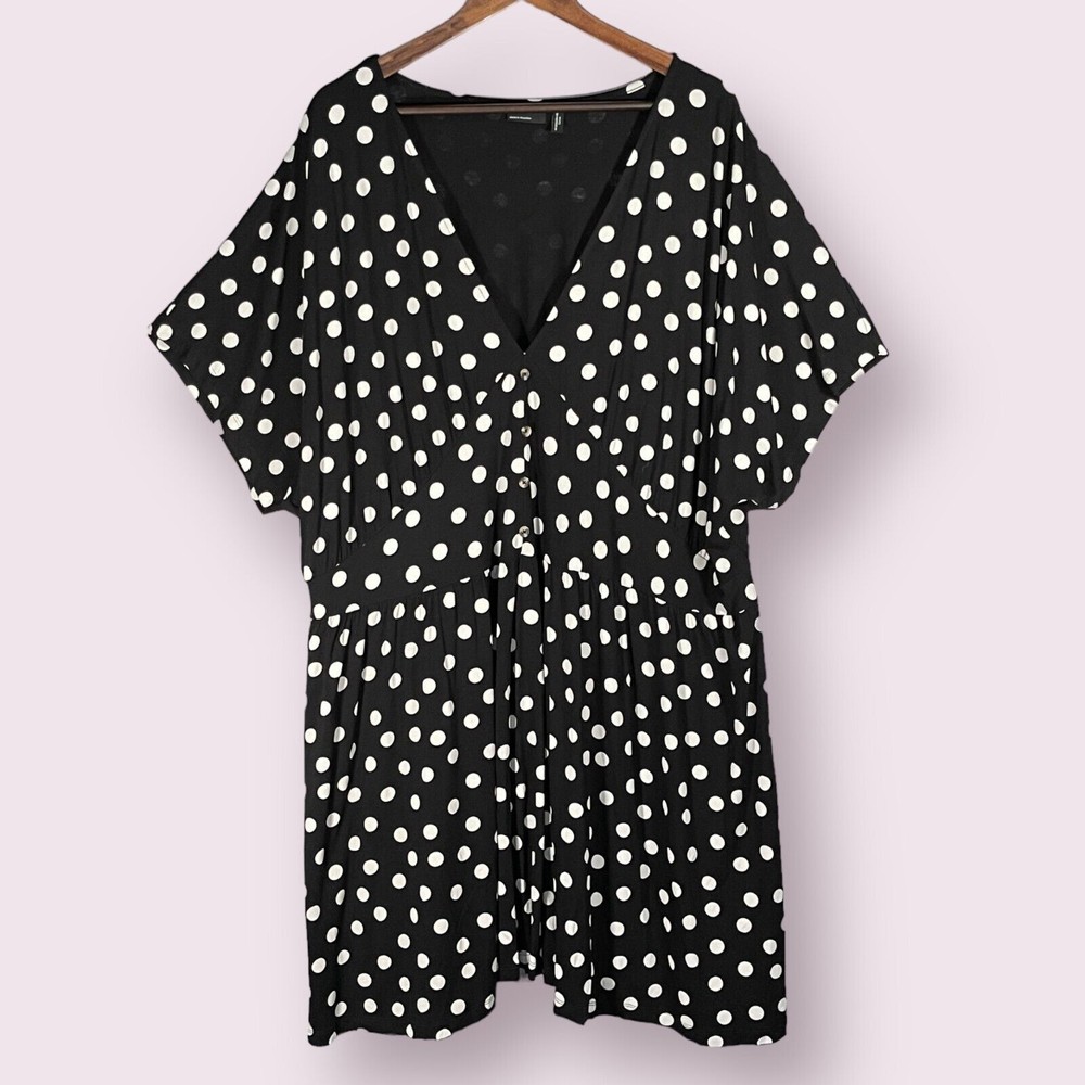 Asos Design Curve Waisted Mini Tea Dress Women Size 24 Black Polka Dot V Neck