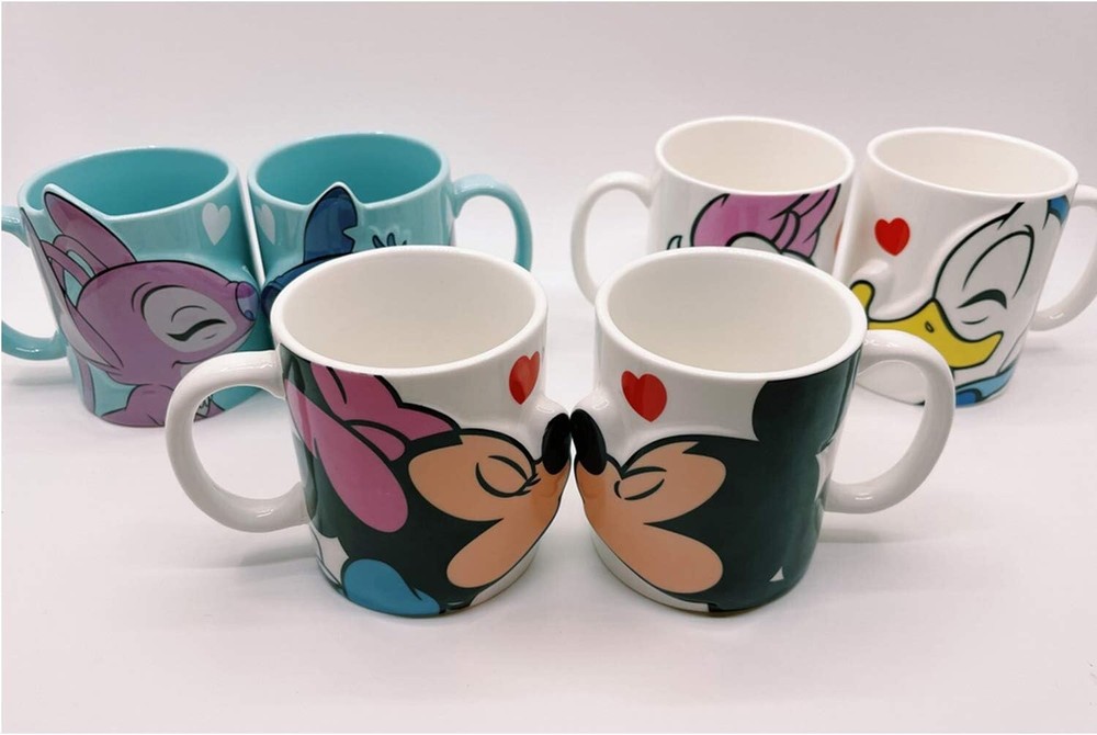 Disney Kiss Pair Mug with Original Box Featuring Pooh Chip Dale Rapunzel Mickey Duck Beast