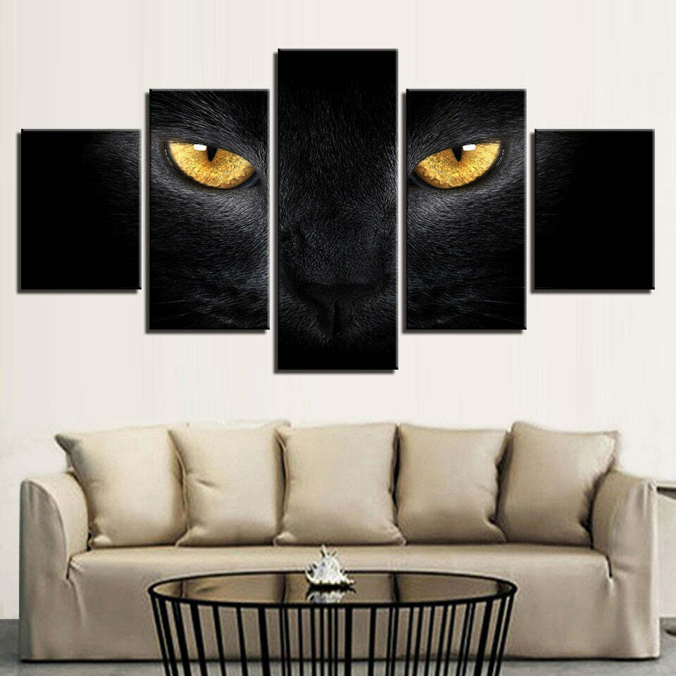 Black Cat With Yellow Eyes Framed 5 Piece Canvas Wall Art