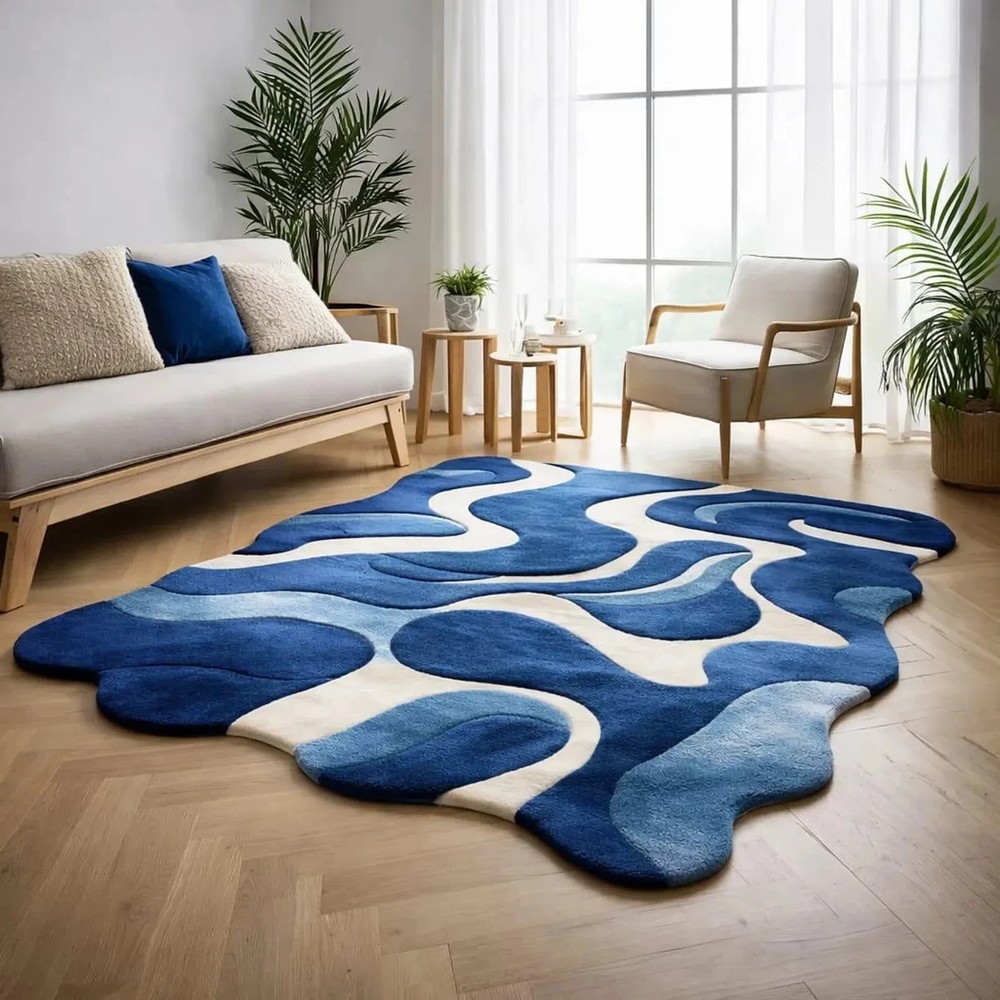 Hand Tufted Nz Wool Rug Color Blue & Ivory Handmade Area Design Carpet Rug