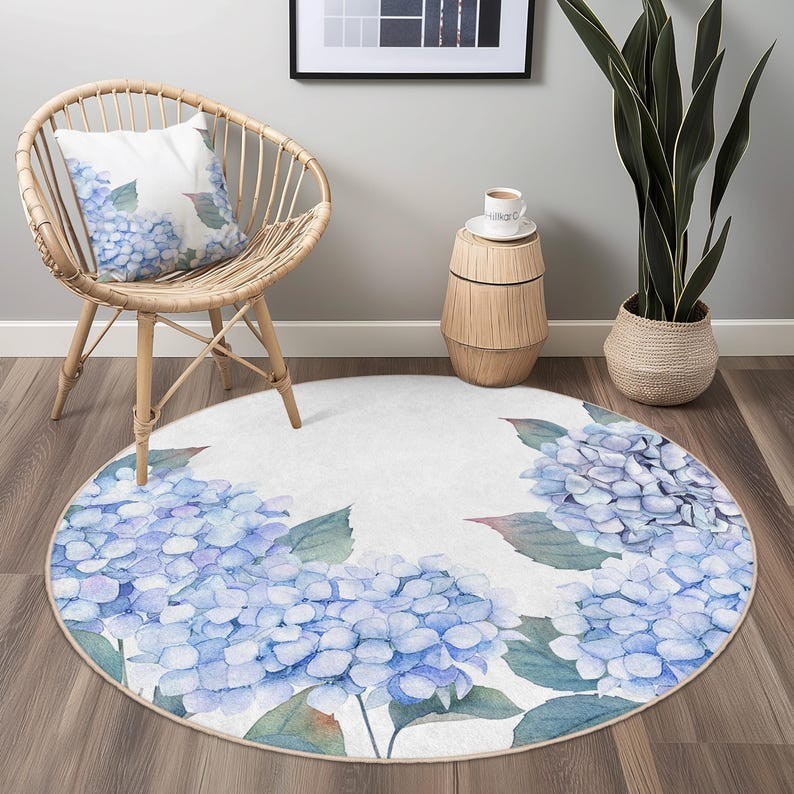 Floral Round Rug, Botanical Living Room Carpet