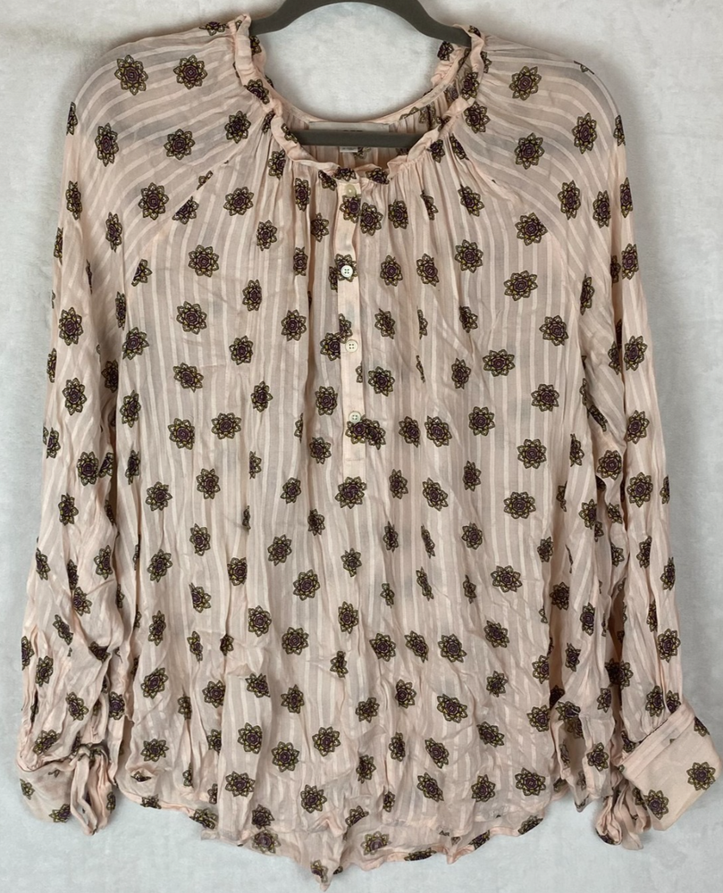 LOFT Women's Pink Long Sleeve Henley  Floral Blouse Medium Cottage Core Boho