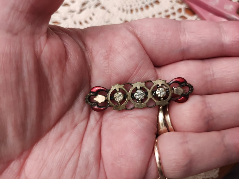 Antique Red Enamel And Trio Rhinestones Gold Tone Pin C-Clasp 1.75