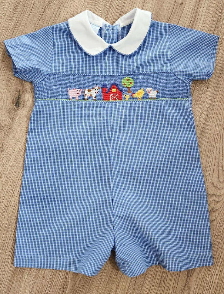 Petit Bebe Baby Boys Romper 12M Hand Smocked Blue Embroidered Farm Animals EUC