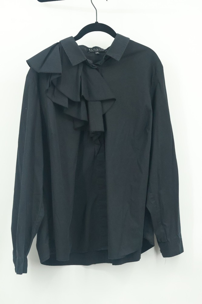 ELOQUII Studio Plus Size 20 Shirt Black Ruffle Long Sleeve Button-Up Blouse Top