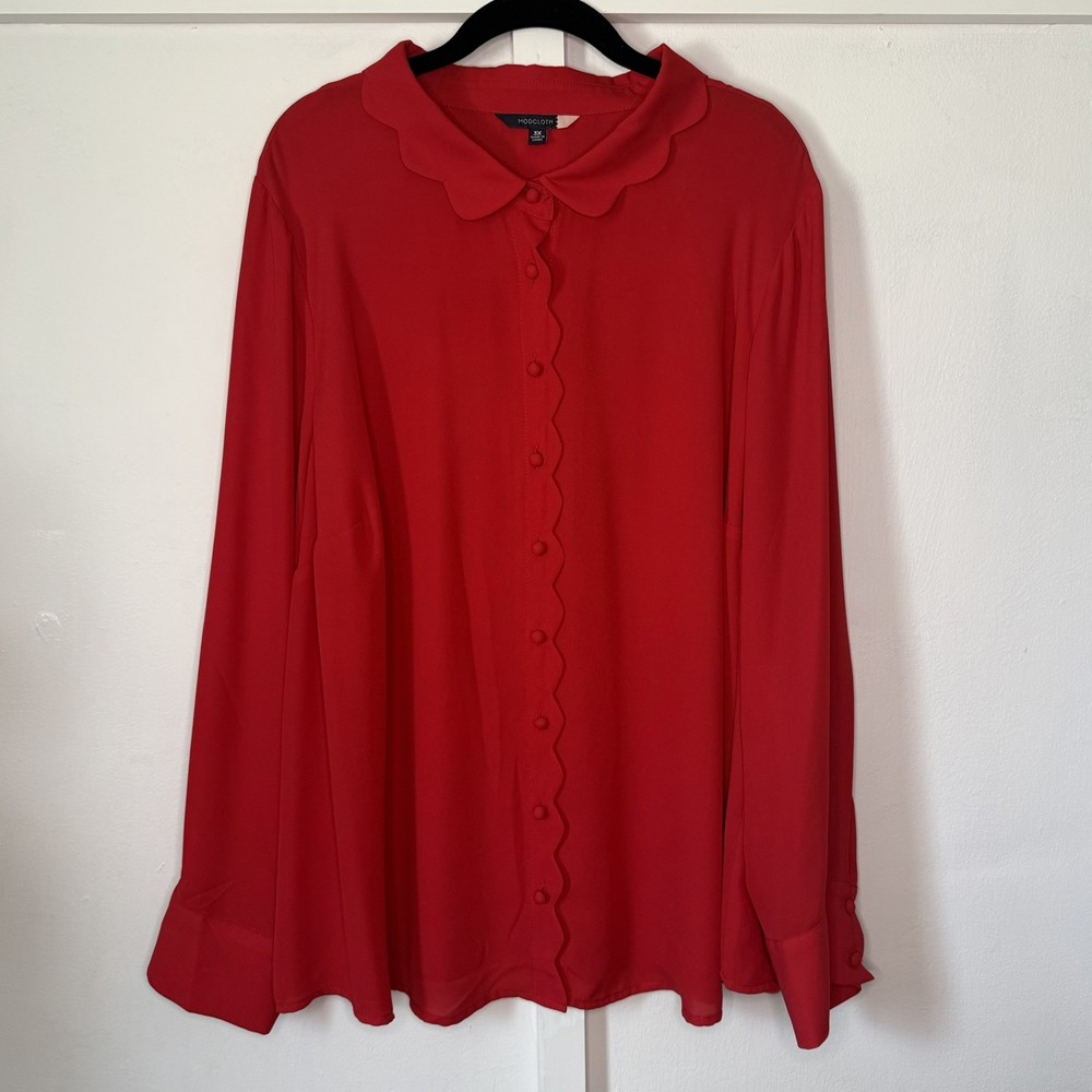 ModCloth Women's Bright Red Buttoned Blouse Scallop Details Size 3X Twee