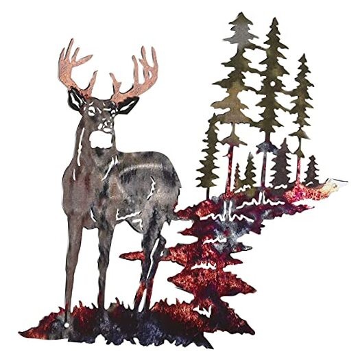 Forest Tree Deer Wall Art Metal Rustic Hunting Decor for Living Bright Color