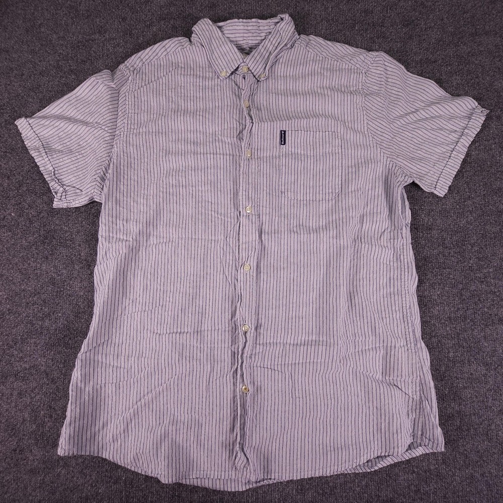 Barbour Shirt Mens XL Blue White Striped Tailored Fit Short Sleeve Button Up