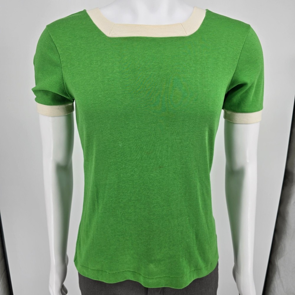 Vintage 1970s Sears Kelly Green Ringer Tee with Contrast Trim Square Neck Size S