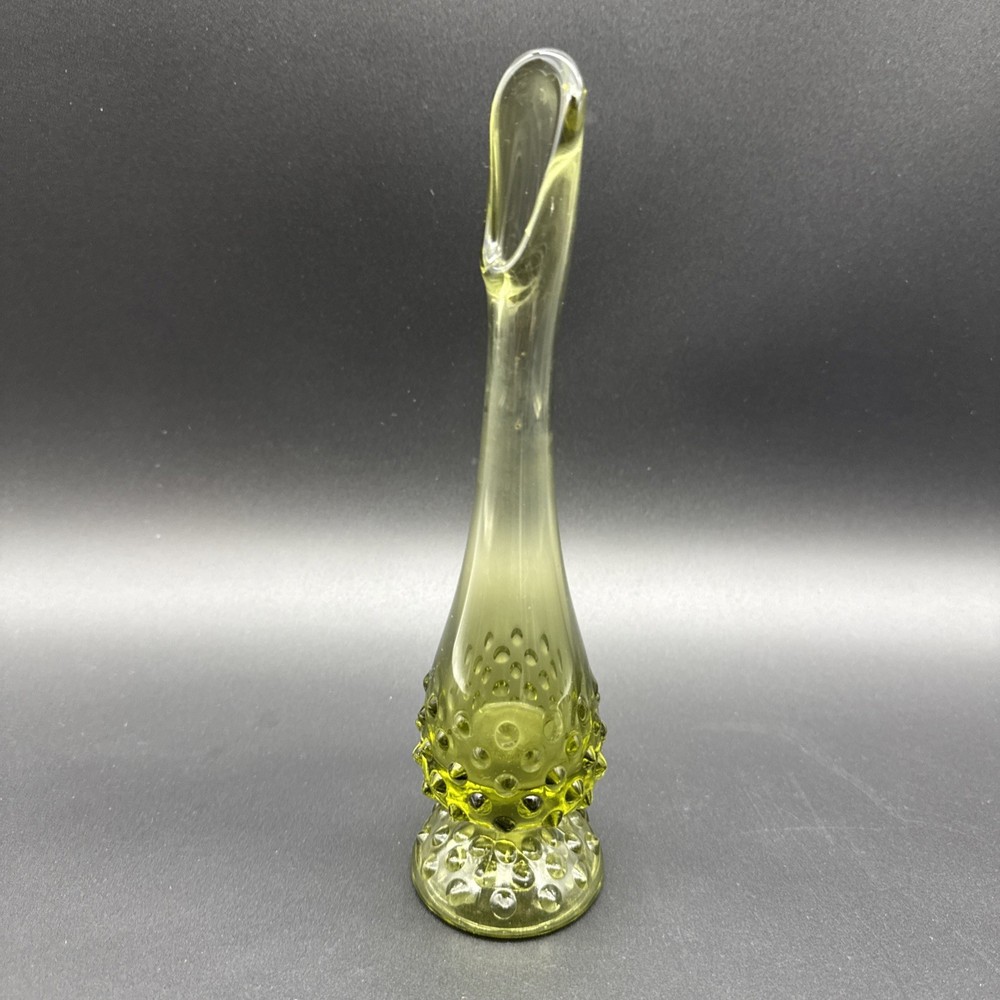 VTG Fenton Hobnail Art Glass Footed Swung Bud Vase Avocado Green 9.5” 1960s MCM