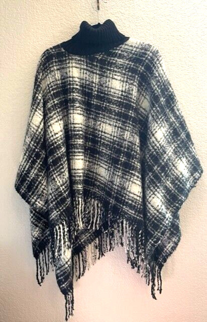 Lauren Ralph Lauren Plaid Poncho One Size Black White Pullover Cape Fringe