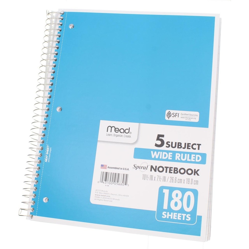 2 Pack Mead Spiral Notebook, Wide Ruled, 5 Subject, 180 Sheets