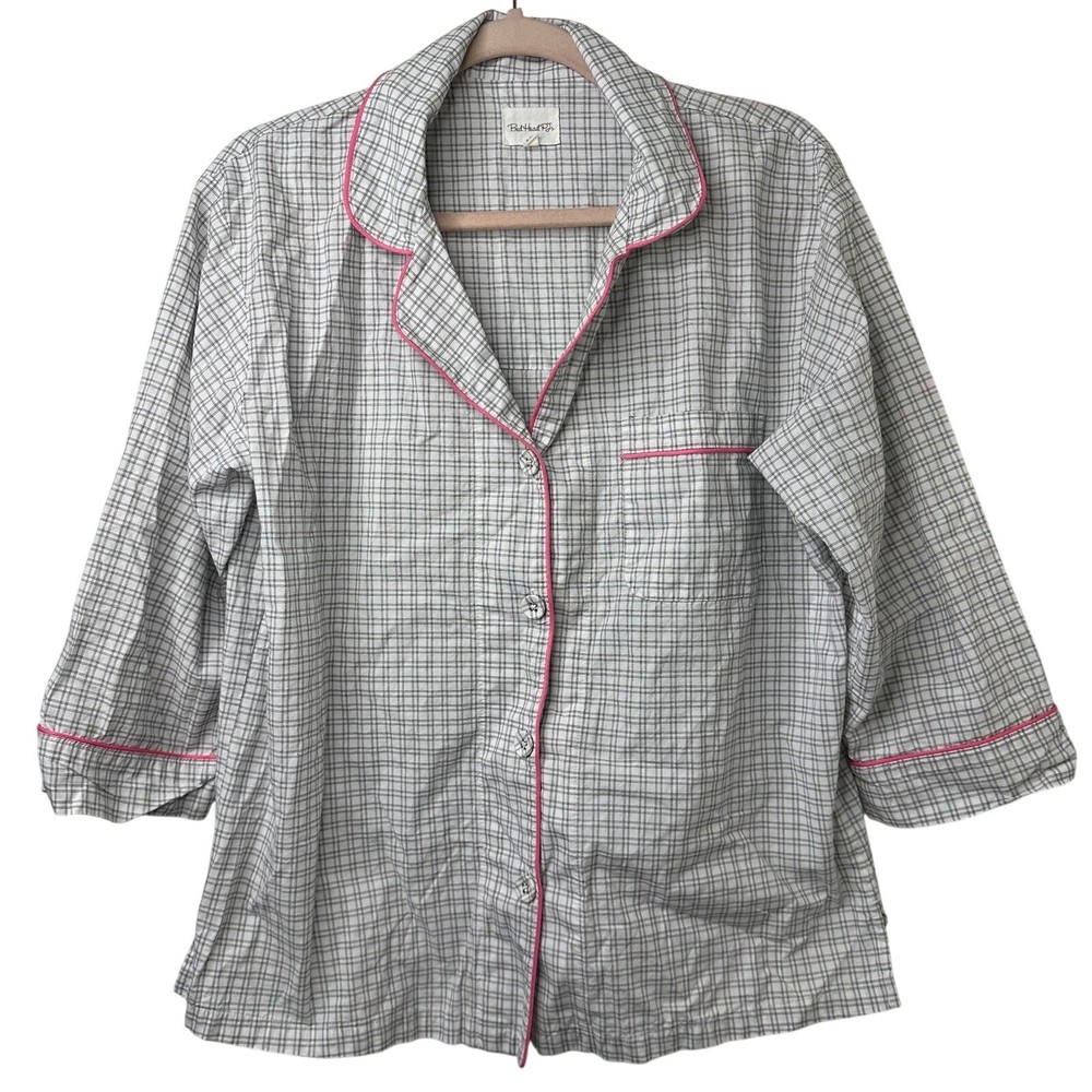 Md BedHead Pajamas Black White Plaid Button-Up Top 3/4 Sleeve Pink Trim Organic