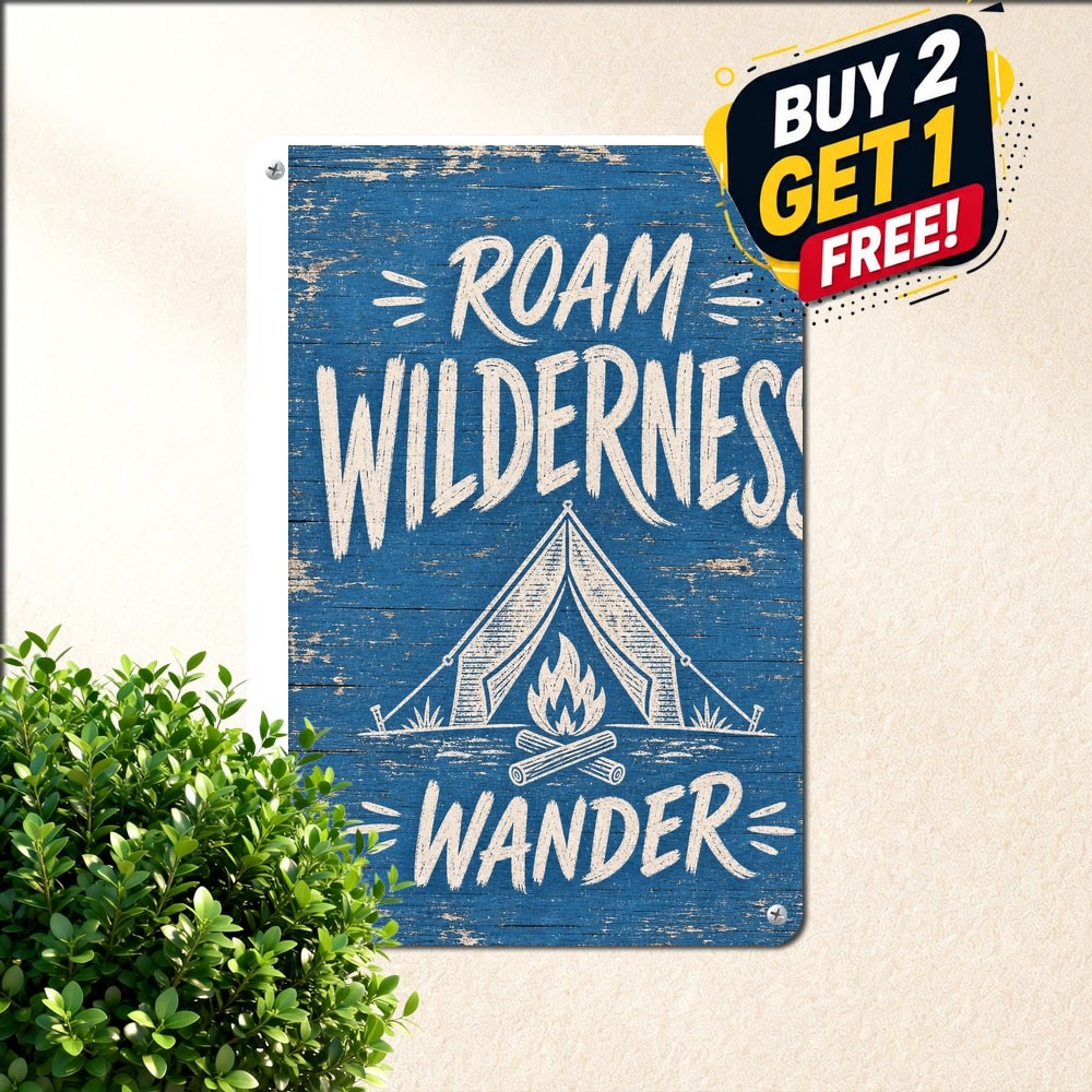 Adventure Camping Quote Poster Hand Lettered Slogan Layout Metal Tin Sign