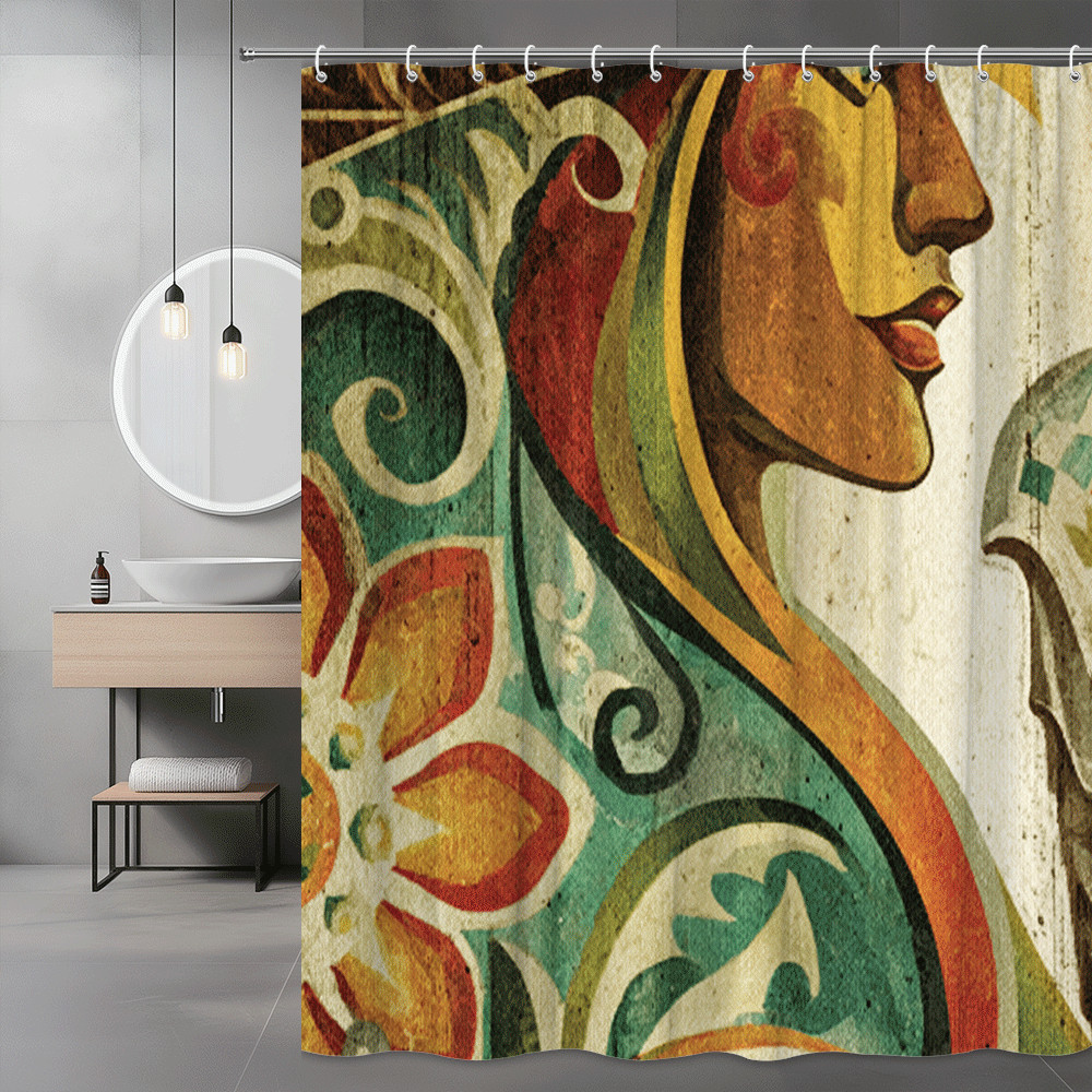 Boho Floral Face Shower Curtain, Colorful Abstract Art