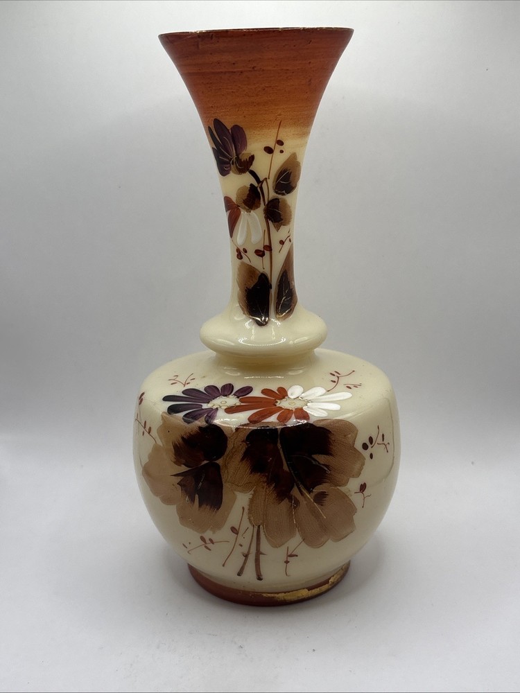 Victorian Caramel Glass Vase with Hand Painted Brown Floral Decoration c.1890?