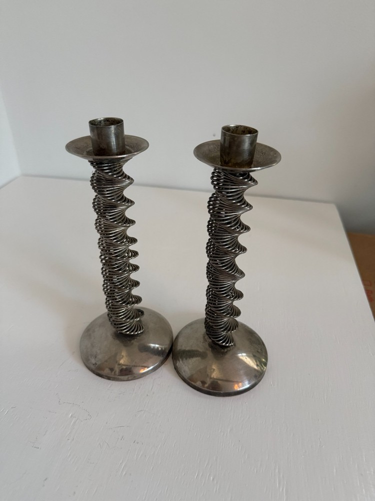 MCM Postmodern Silver Tone Coiled Spring Wire Taper Candle Holders Set of 2
