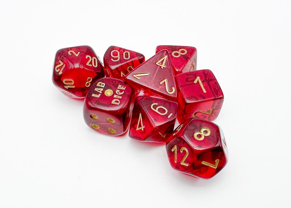 Polyhedral Lab Dice - 7D Translucent Polyhedral Set (Crimson/Gold) w/ Bonus Die