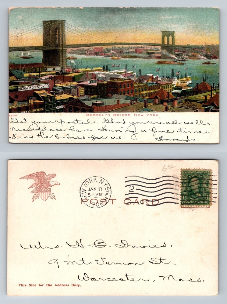 New York City NY, Brooklyn Bridge East River Harbor Vintage c1908 Postcard