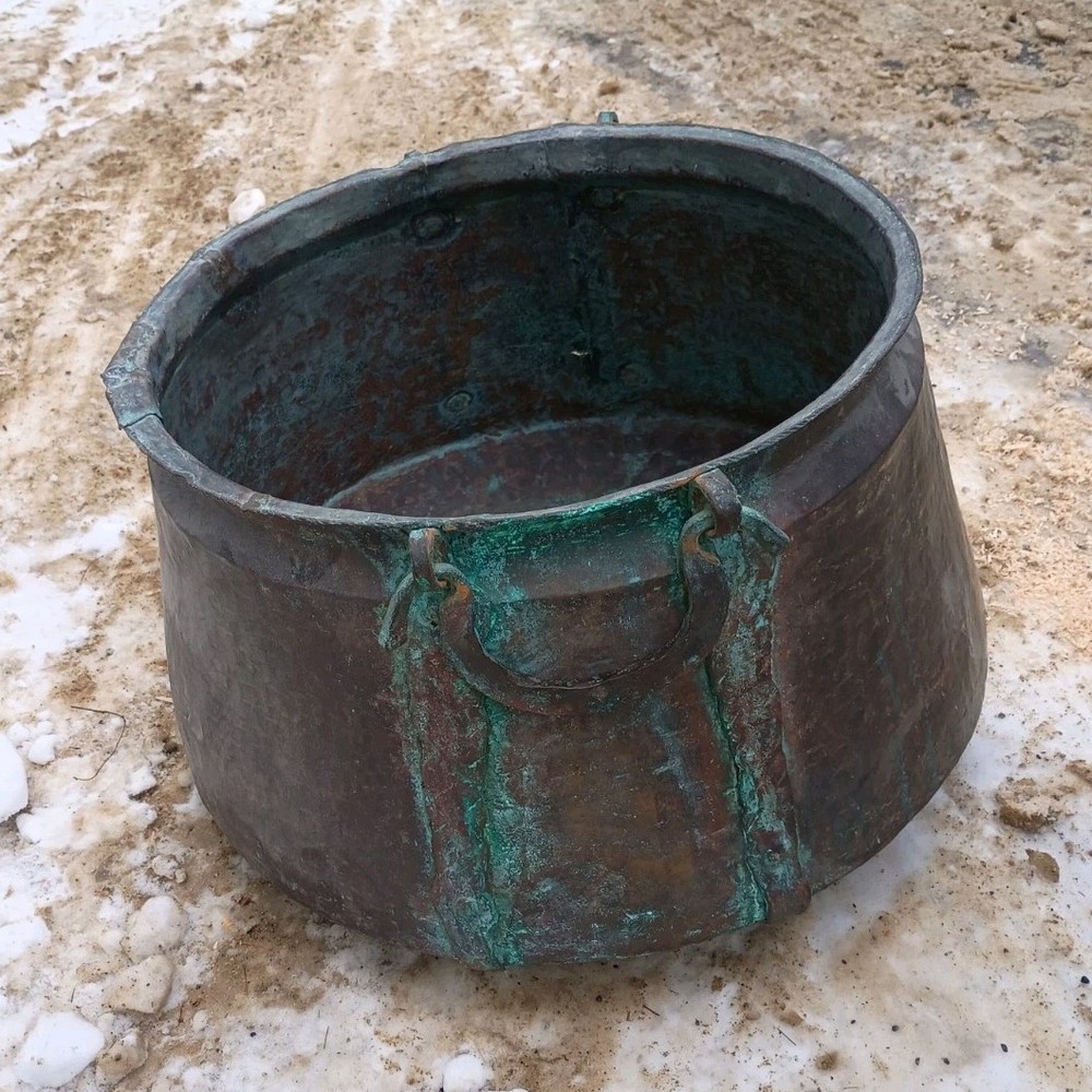 Antique Handmade Large Copper Pot with Handles and Patina.
