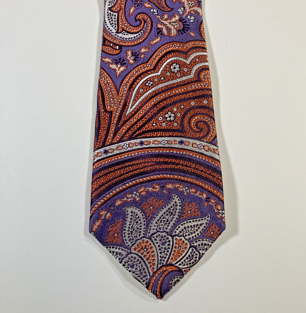 TALLIA Mens 100% Silk Neck Tie Orange Purple Paisley Floral