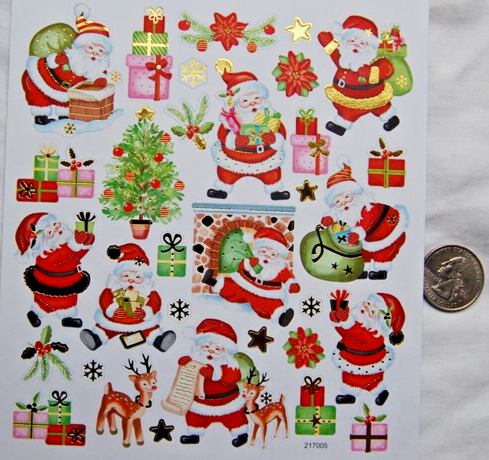 Christmas stickers SANTA CLAUS gold foil accent fireplace deer gift tree chimney-image