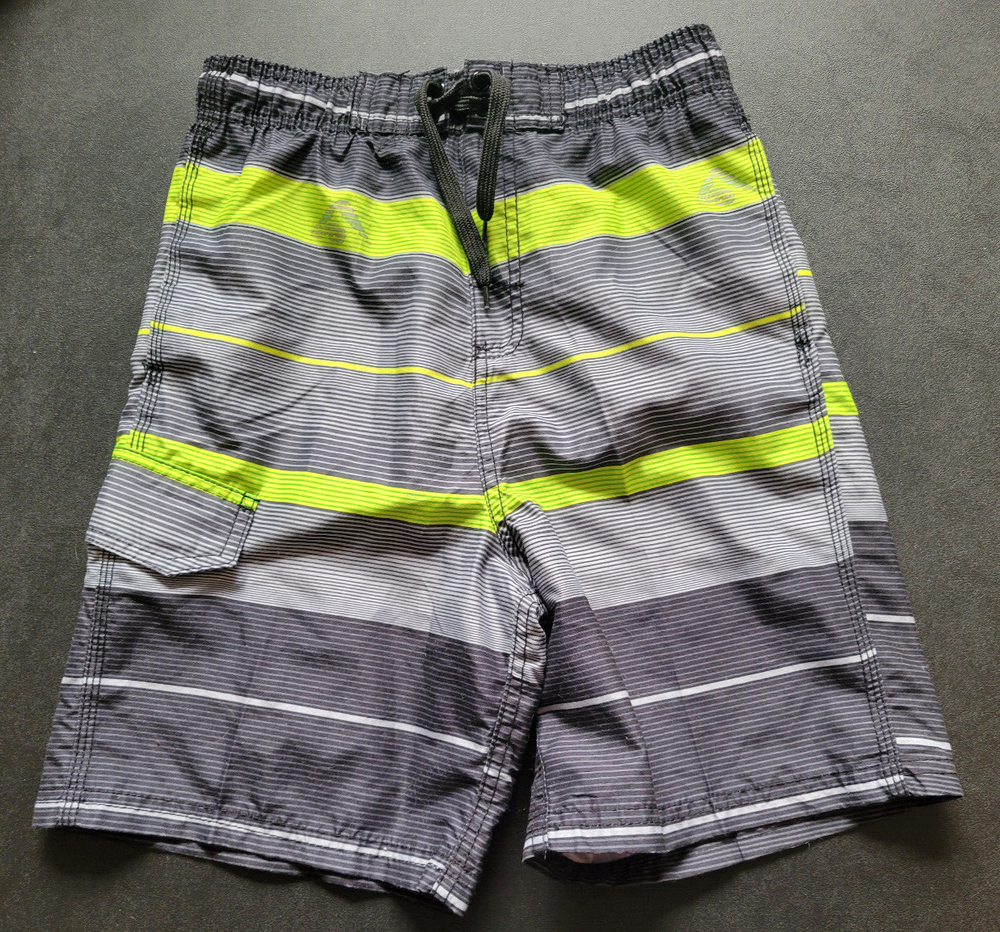 Kanu Surf Black/Gray/Green Stripe Pocket Lined Boys Swim Trunks Shorts M 10-12