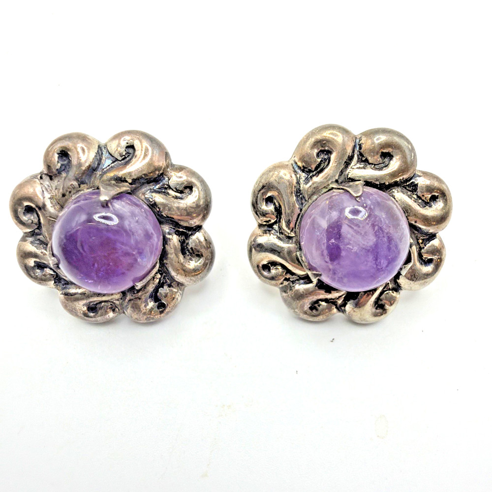 Vintage Mexico Sterling Silver Earrings Amethyst Cabochon 925