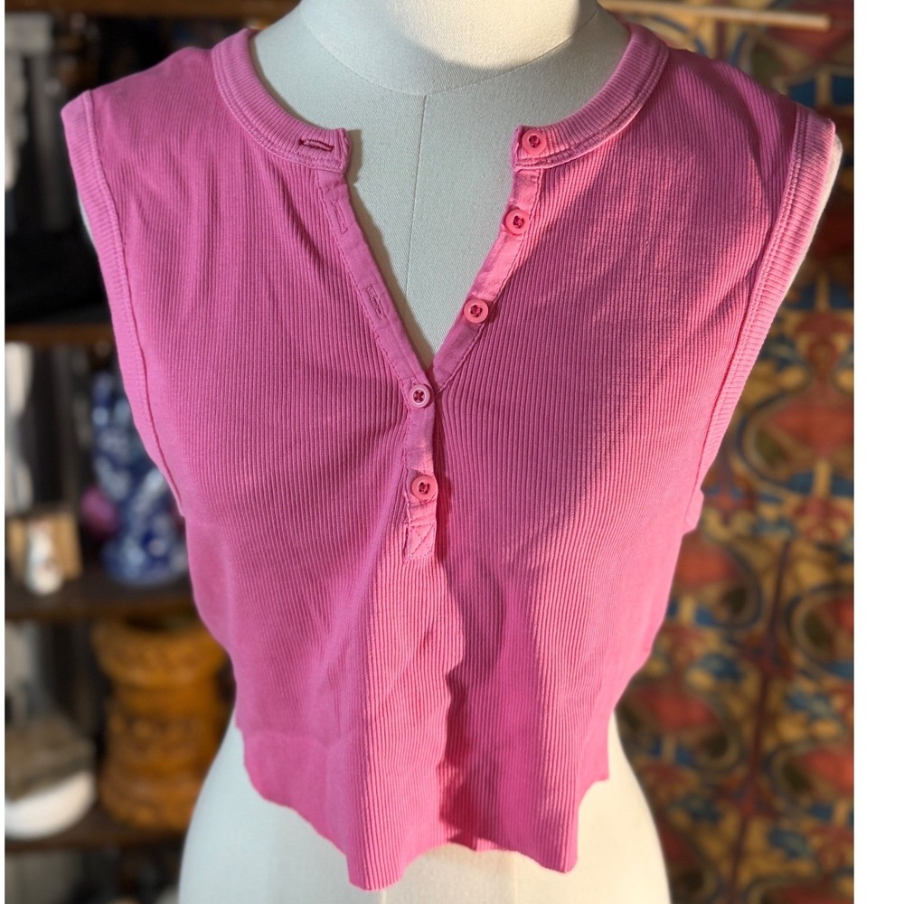 BDG Urban Outfitters Pink Ribbed Henley Tank Top Sleeveless Crop Large L-G