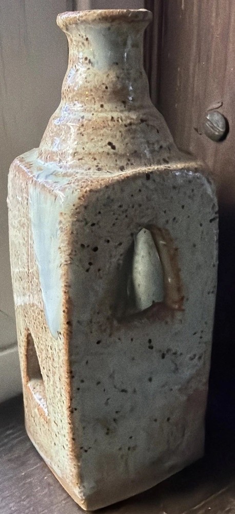 Vintage Studio Folk Art Pottery Green Brown Vase Signed b heit Unique MCM