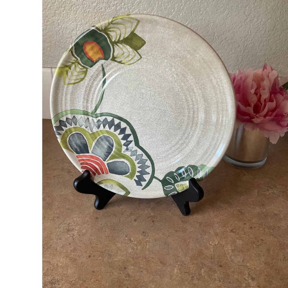 Crate & Barrel Floral Crackle Glaze Salad Dessert Plate Green Blue melamine