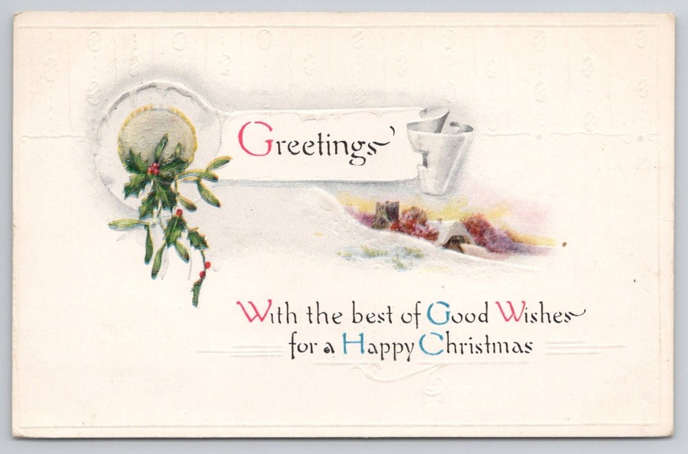 1916 Christmas Greetings Postcard Mercer Pennsylvania Embossed Holly Winter