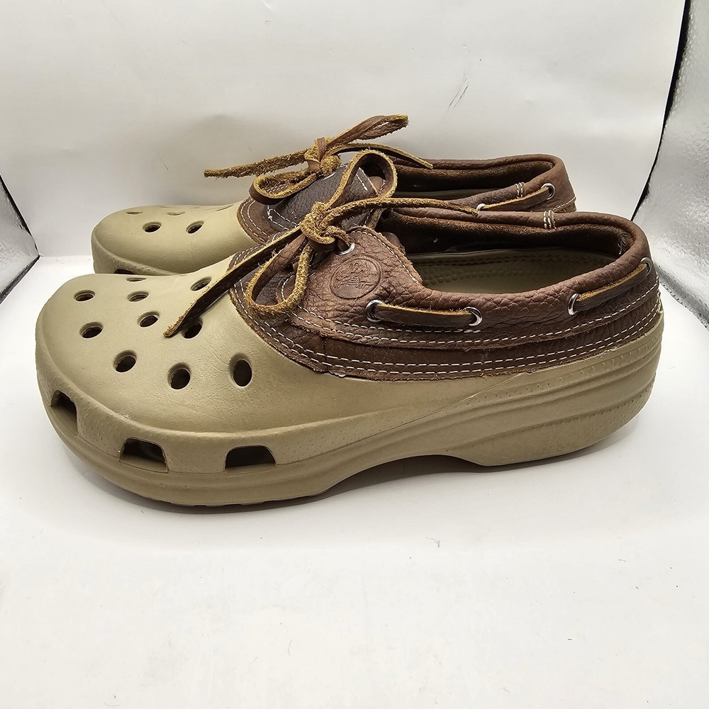 Crocs Islander Pitcrew Sport Boat Shoes Brown Leather Lace up Women's 7 Men's 5