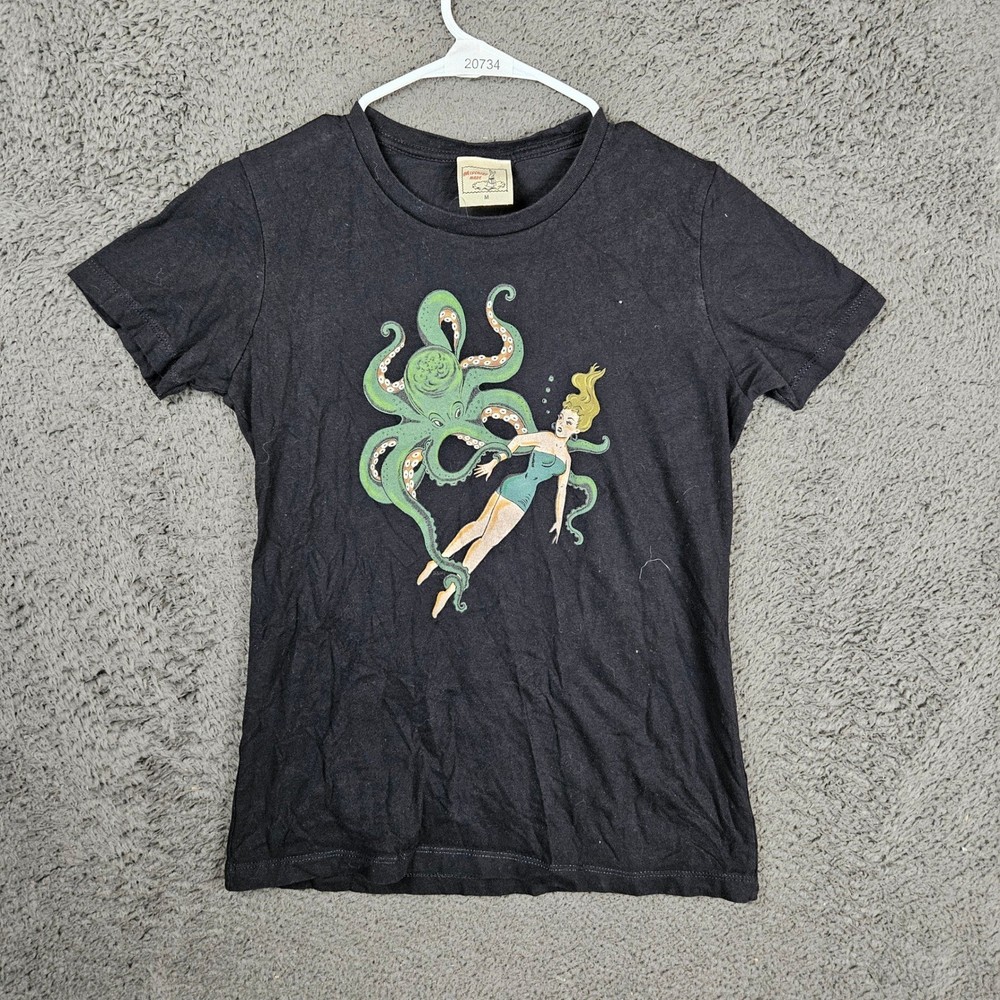 Mischief Made Womens Octopus Pinup Diver Shirt Black Size M Made in USA