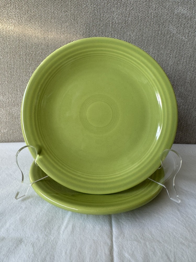 PAIR Vintage 1930s Genuine Fiesta Chartreuse Green Tea Cup Saucers H.LC. WV USA