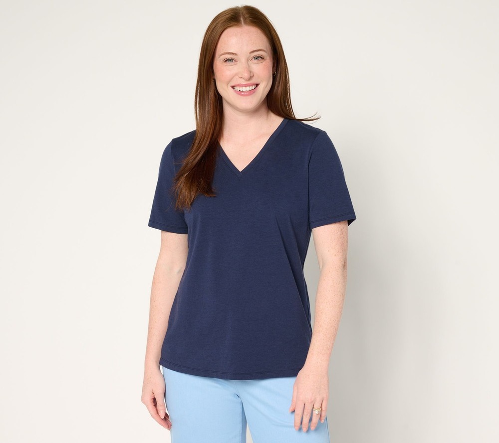 Maya J Women's Top Sz S Denim & Co. Beach Jersey Short-Sleeve V-Neck Blue