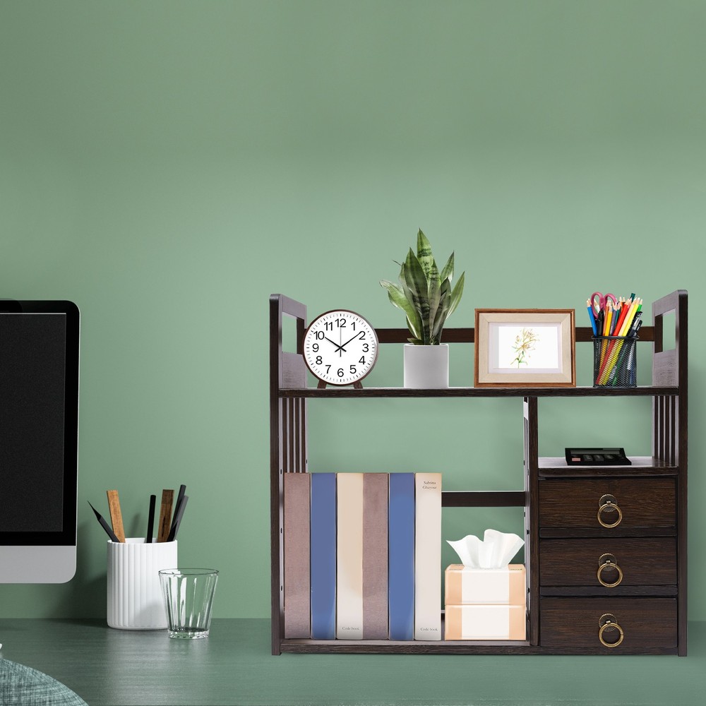 Bamboo Bookshelf Desktop Organizer Desk Rack Storage Shelves w/3 Drawers Office