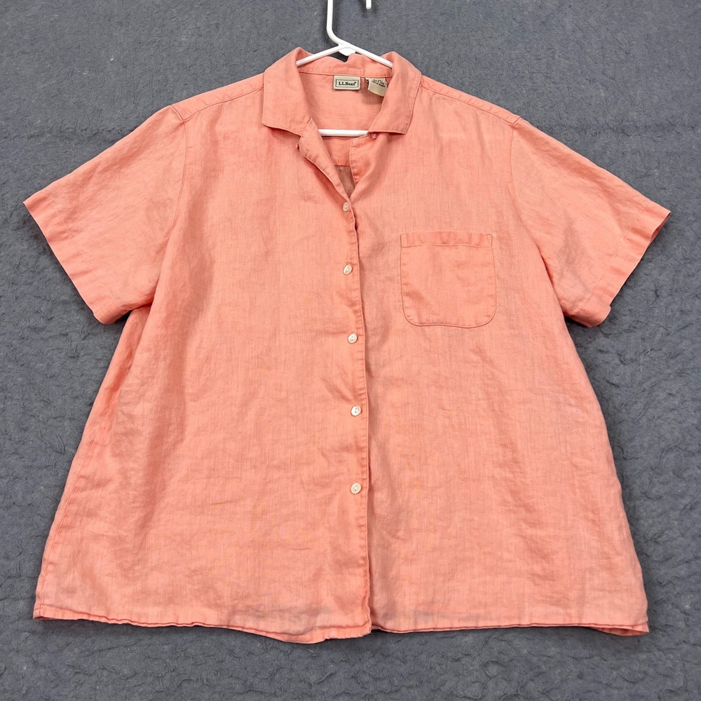 LL Bean Top Womens Large Pink 100% Linen Button Up Short Sleeve Airy Beach Shirt