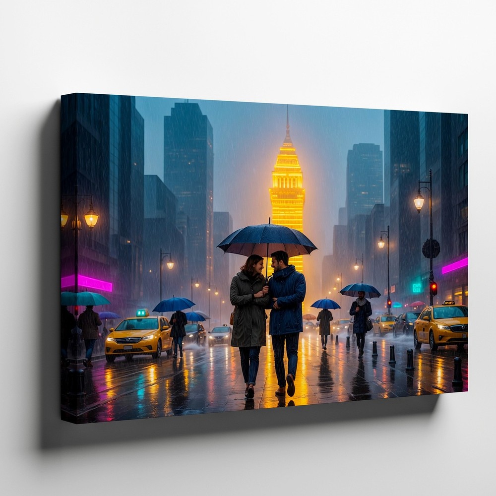 Romantic Rainy Night Cityscape Canvas Wall Art with Couple and Glowing Lights