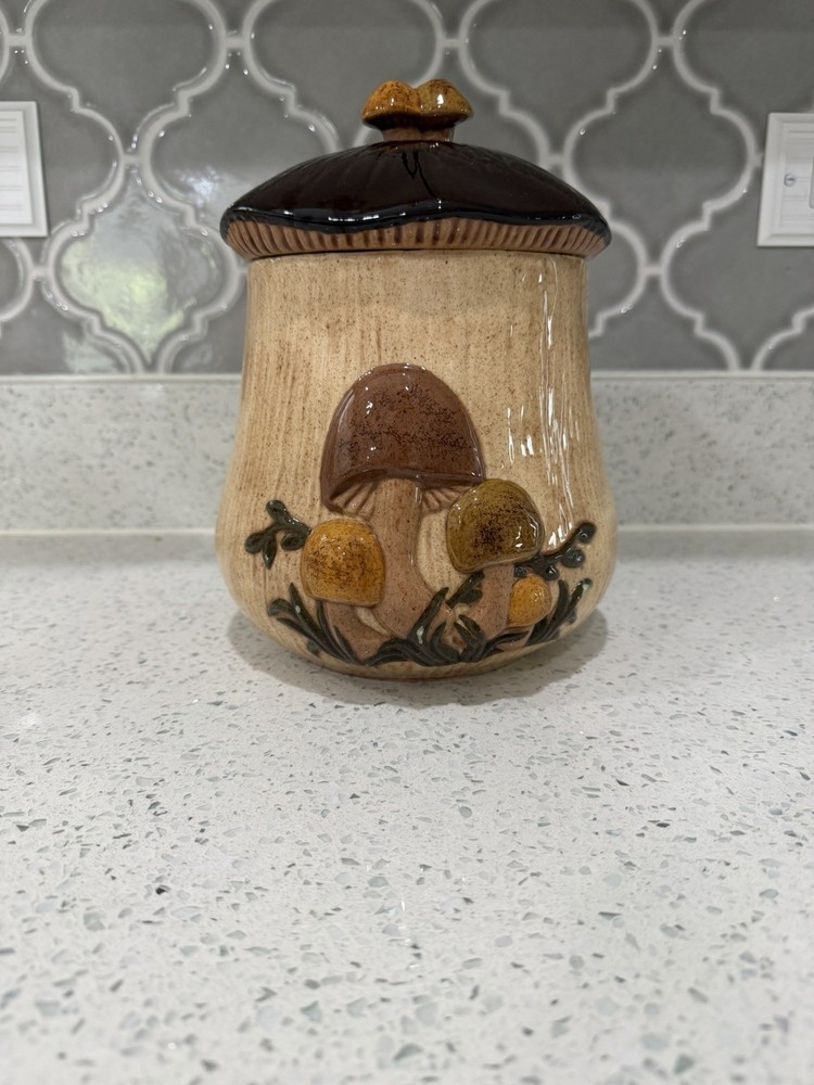 Vintage 1970s Mushroom Cookie Jar Canister Woodland Cottagecore Ceramic Decor