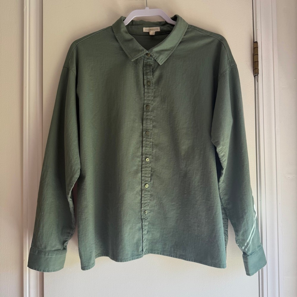 Eileen Fisher Organic Cotton Button Down Shirt Sage Green Womens Large L/G Boxy