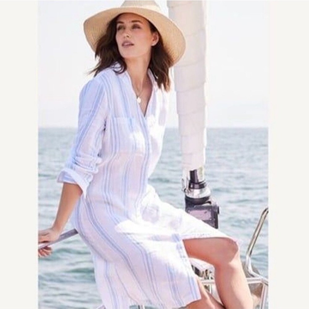 Soft Surroundings Adalia Linen Striped Shirt Dress Sz L Nautical Beachy