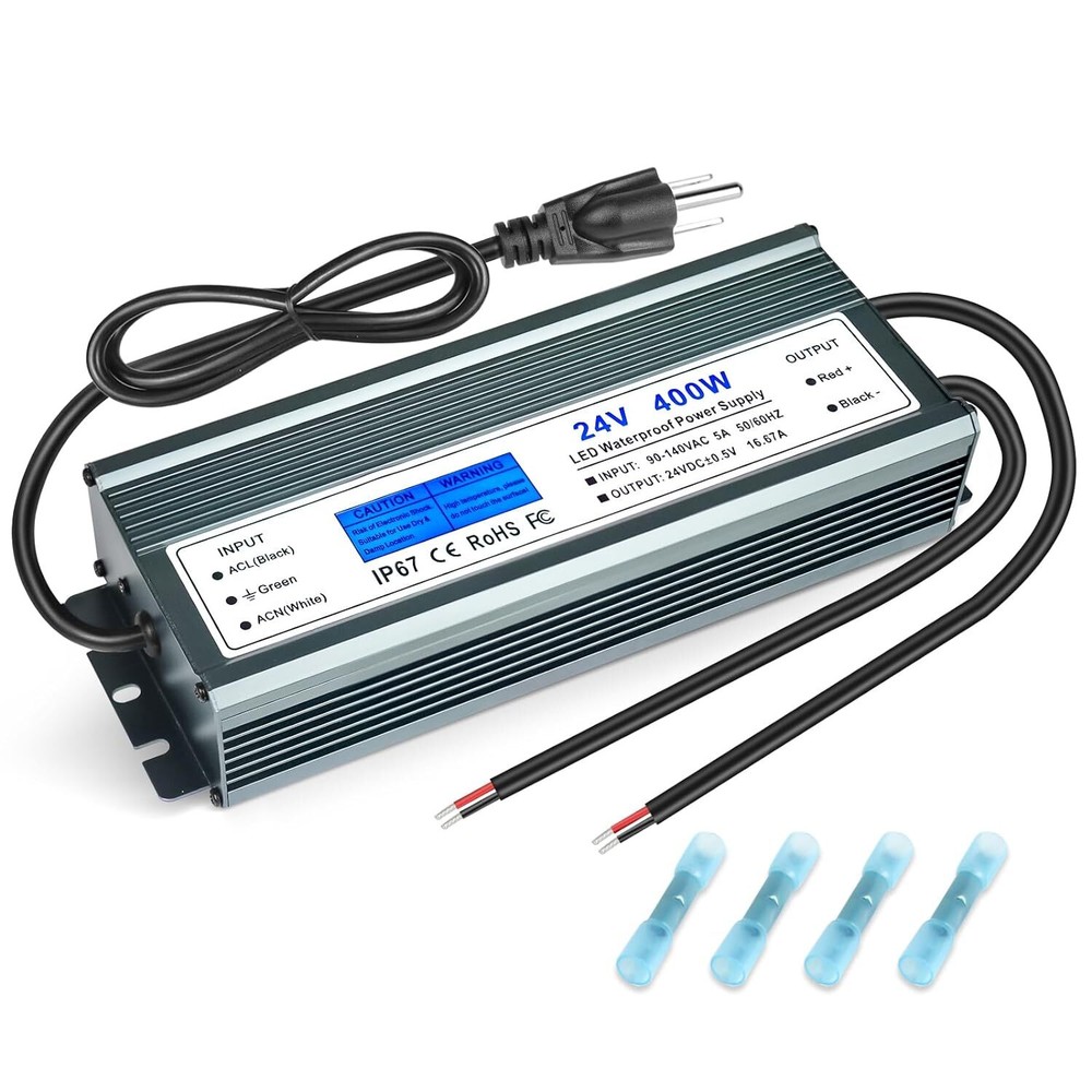 24V Power Supply 16.67A 400W IP67 Waterproof LED Power Supply AC 90-140V to...