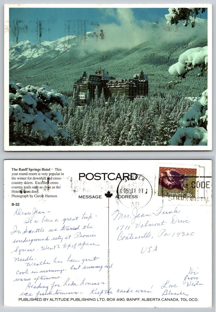 Banff Springs Hotel Winter Postcard 1991 Alberta Canada Scenic Mountains