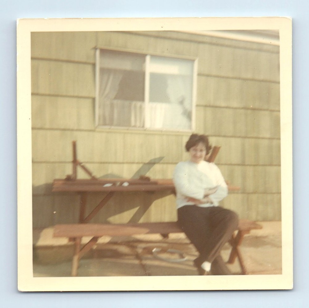 Old Vintage Square Color Photo SOLO WOMAN SITTING OUTSIDE HOUSE PICNIC TABLE