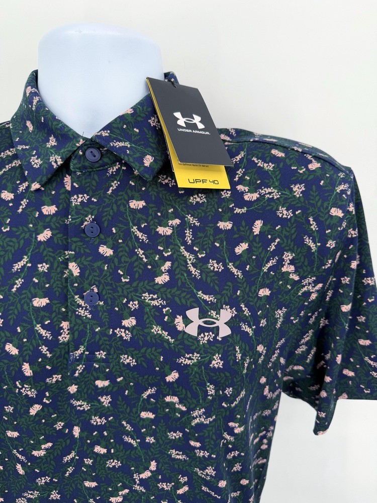 NWT Under Armour Men's Medium Stretch Golf Playoff Polo Shirt Short Blue Floral