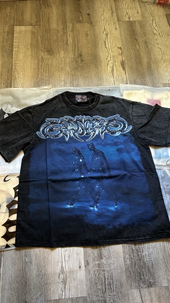 godspeed Men's M Black Blue Cotton Crew Neck Short Sleeve Graphic Print T-Shirt