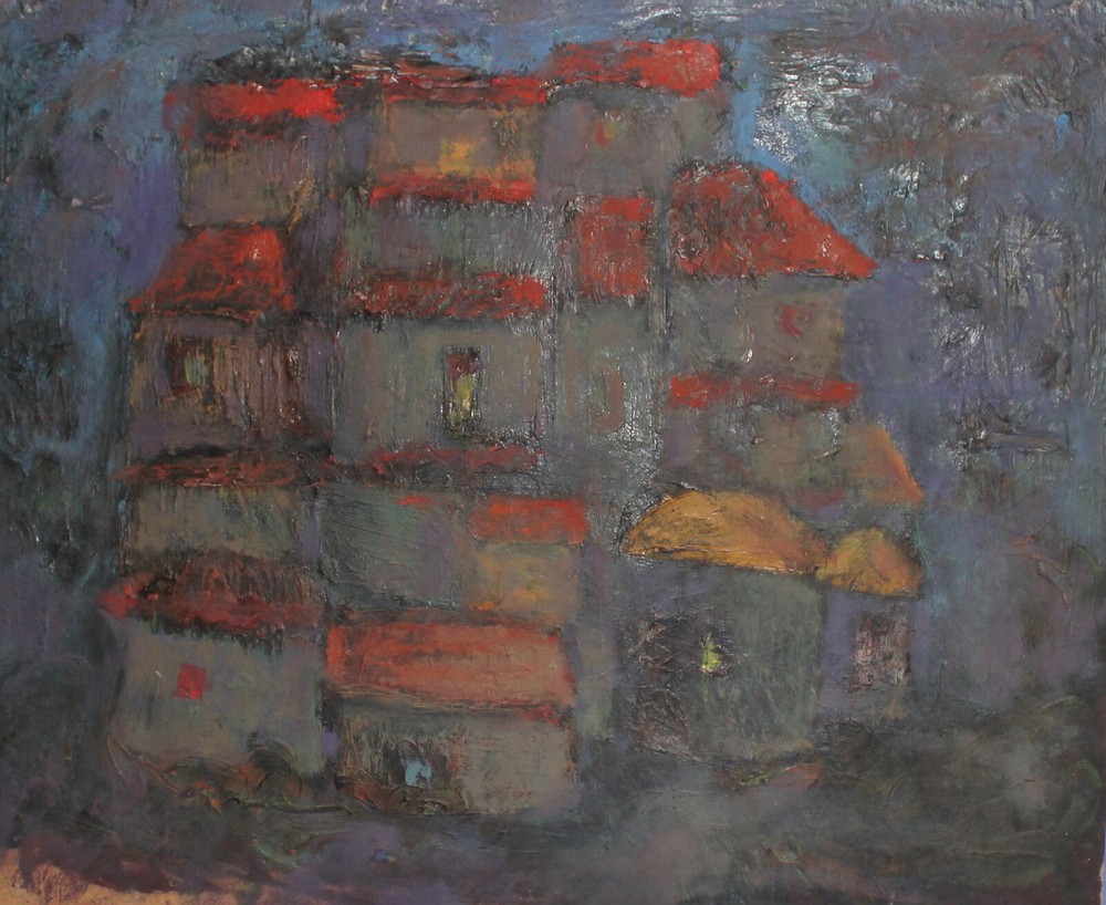 Vintage expressionist oil painting cityscape