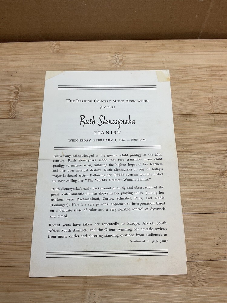 1 Feb 1967 Raleigh Concert Music Program Ruth Slenczynska  Pianist S251